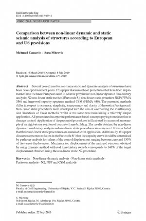 کتاب Comparison between non-linear dynamic and static seismic analysis of structures according to European and US provisions